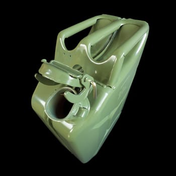 Army jerrican with open cap, top view, isolated on black background.
