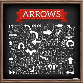 Hand drawn arrow icons set with question and exclamation marks with chalkboard effect. Vector Illustration.