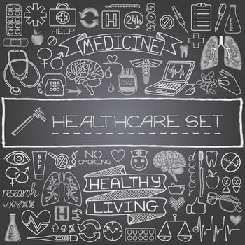 Hand drawn medical set of icons with medical and science tools, human organs, diagrams etc. Black chalkboard effect. Vector illustration.