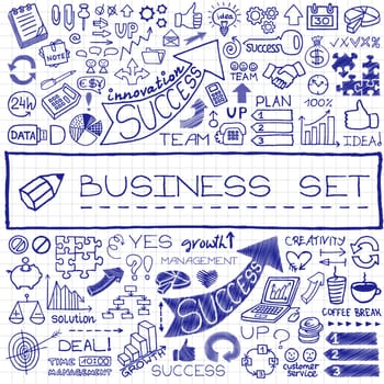 Hand drawn business icons set with arrows, diagrams, puzzle pieces, thumbs up and more. Chalkboard effect. Vector Illustration.