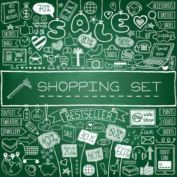 Shopping doodle set. Chalk board effect. Hand drawn icons collection with discount tags, computer, smartphone, gift box, hearts, stars and banners. Online shopping, holiday and season sale concept.