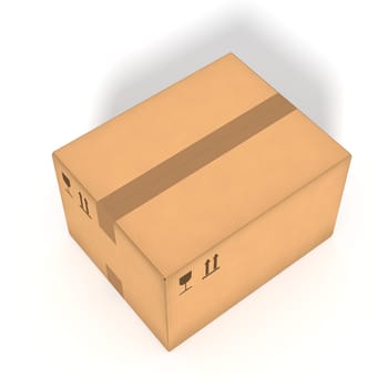 Closed cardboard box on white background. Retail, logistics, delivery and storage concept. Side view with perspective.