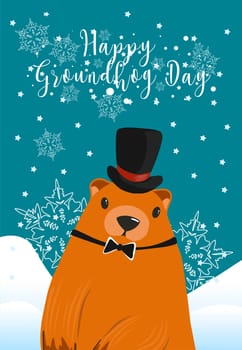 Happy Groundhog Day greeting card. Happy marmot Day Typographic Vector Design with Cute Groundhog Character - Advertising Poster or Flyer Template. Trendy abstract art templates with marmot, snow. Fla
