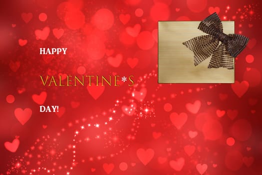 Happy valentines day card. Abstract festive love bokeh red hearts background texture with glitter ribbon bow on gold background,white stars and Valentine day text.