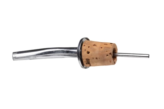 Kitchen, cooking and bar accessories. Close-up of a bottle pourer or cork pourer for oil, spirits, wine, vinegar or liqueur isolated on a white background. Macro.