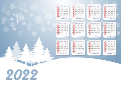 2022 table calendar with winter landscape, snowy  trees and snowflakes. Week starts on Sunday.