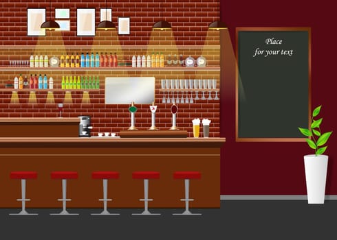Empty bar counter in in the background with green board ready for your text.