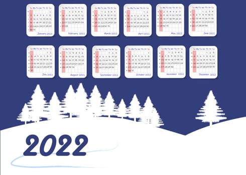 2022 table calendar with winter landscape and trees. Week starts on Sunday