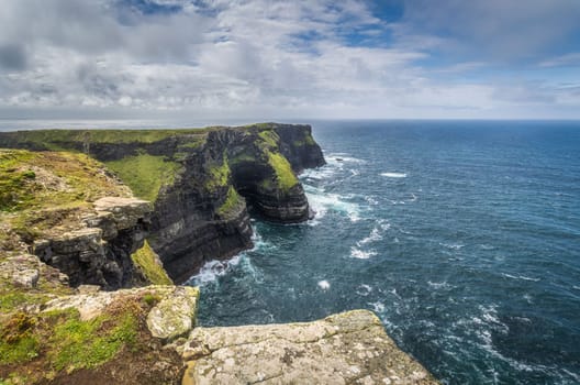 Beautiful panorama of iconic Cliffs of Moher, popular tourist attraction, Wild Atlantic Way, County Clare, Ireland
