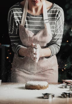 Merry Christmas, Happy New Year. Gingerbread cooking, cake, strudel baking. The woman in apron is preparing cookies. Slapping palms, splashing flour over kneaded dough. Young girl prepare, bake, cook