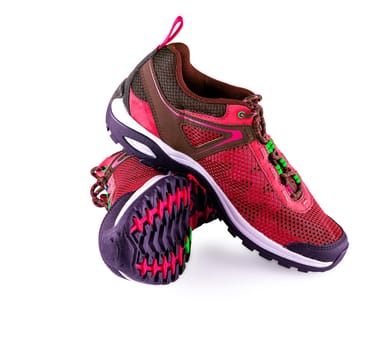 The Pair of red women sneakers isolated on white background