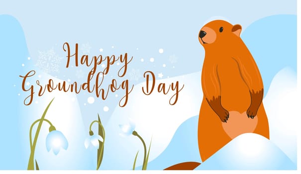 Happy Groundhog Day greeting card. Happy marmot Day Typographic Vector Design with Cute Groundhog Character - Advertising Poster