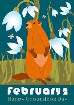 Happy Groundhog Day greeting card. Happy marmot Day Typographic Vector Design with Cute Groundhog Character - Advertising Poster