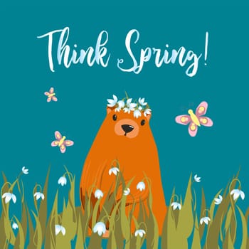 Happy Groundhog Day greeting card. Happy Groundhog Day Typographic Vector Design with Cute Groundhog Character - Think Spring
