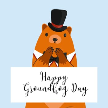 Happy Groundhog Day greeting card. Happy marmot Day Typographic Vector Design with Cute Groundhog Character - Advertising Poster