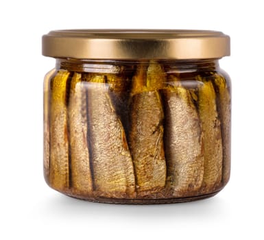 The glass jar sprot are sardines  isolated on a white background.