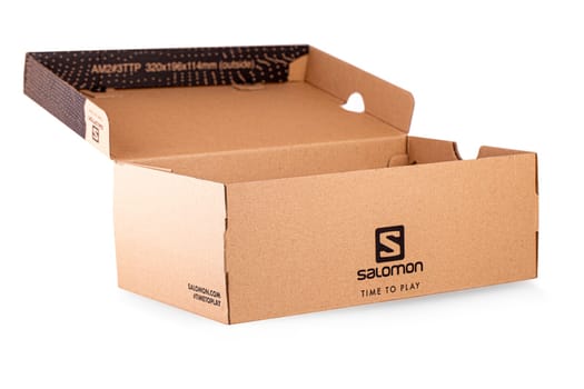 Kamchatka, Russia: 28 October 2021 - Salomon Sign On Salomon Shoe Box isolated on white background