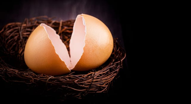 The broun broken egg shells in the nest on wooden surface
