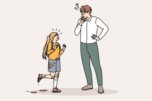 Dirty daughter and frustrated father concept. Small smiling girl all in dirt coming from school with her father meeting her with frustrated face vector illustration