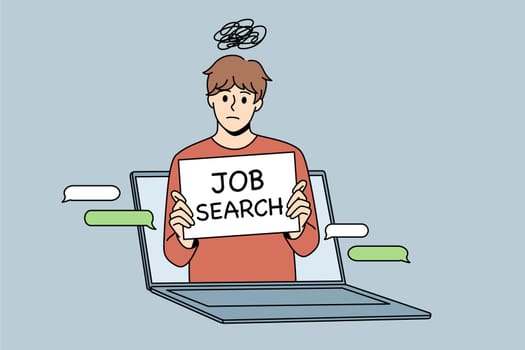 Online job search and recruitment concept. Jobless man candidate with sign looking from laptop screen trying to get position in work vector illustration