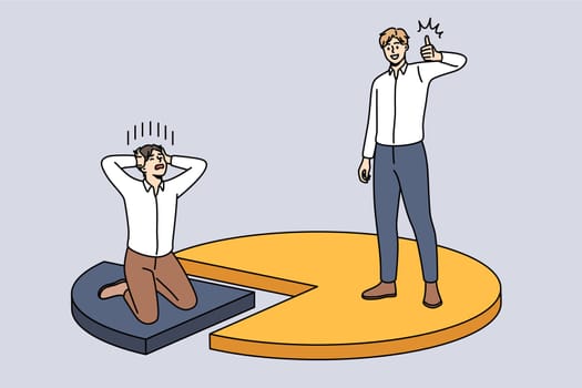 Business competition and marker share concept. One stressed sad businessman on small market share sitting touching head and another having big one showing thumbs up sign developing vector illustration