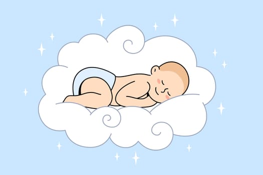 Happy childhood and sweet dreams concept. Small baby infant sleeping like angel in sweet white fluffy cloud having sweet dreams vector illustration