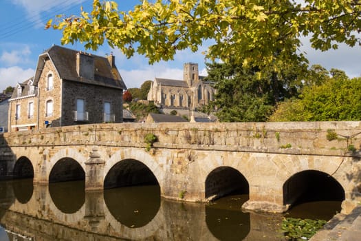 Lamballe town, stone bridge and church, Brittany, France