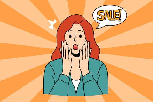 Sale marketing and promotions discount concept. Portrait of young amazed surprised shocked woman with sale lettering aside touching face vector illustration