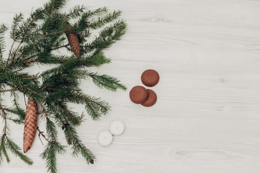 Decoration of Christmas Tree Green Branches on a White Background with Copy Space