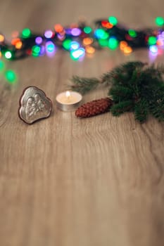 Christmas Composition of Church Icon on a Wooden Background With Multicolored Light Boken