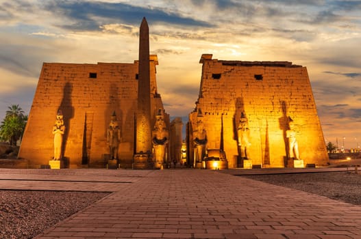 Famous Luxor Temple of Egypt, main entrance evening view.