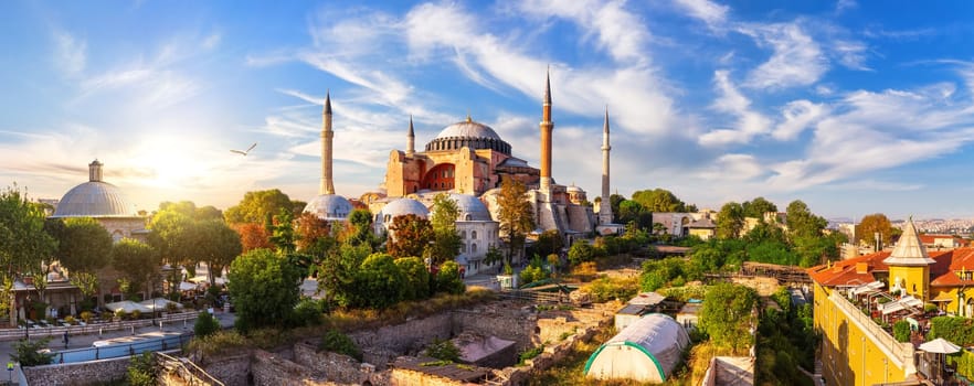 Holy Hagia Sophia Grand Mosque full panorama, Istanbul, Turkey.