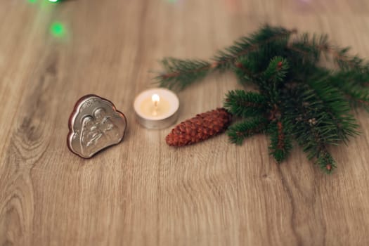 Christmas Composition of Church Icon on a Wooden Background With Multicolored Light Boken
