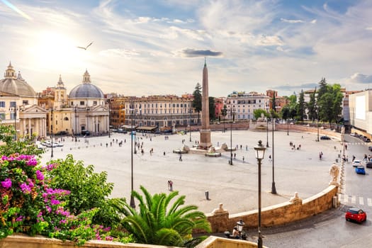 View on Piazza del Popolo with the Egyptian Obelisk, fountains and Twin Churches, Rome, Italy.