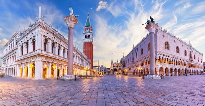 Doge's Palace, Library of Saint Mark and the Columns of Saint Mark and Saint Theodore, panorama of Venice, Italy.