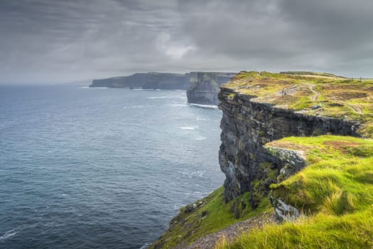 Small group of people on Cliffs of Moher with storm clouds overhead, popular tourist attraction, Wild Atlantic Way, County Clare, Ireland
