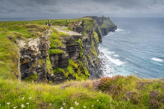 Group of people or tourists hiking and sightseeing iconic Cliffs of Moher, popular tourist attraction, Wild Atlantic Way, County Clare, Ireland