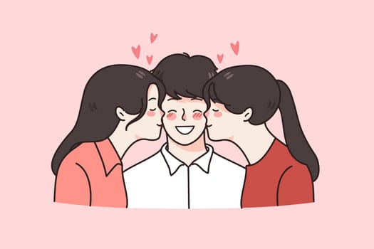 Overjoyed young man kissed by beautiful women in cheeks. Girls show love and affection to happy guy. Relationship triangle concept. Ladies flirt with successful businessman. Vector illustration.