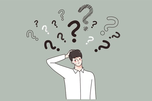 Pensive young businessman feel frustrated confused make decision or plan. Thoughtful man employee or worker thinking pondering of problem solution. Trouble solving concept. Vector illustration.