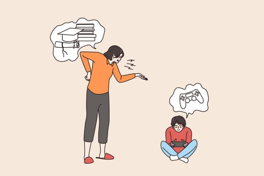 Angry mother scold teen son playing video games, ask for school studying. Furious mom lecture small boy child for not learning. Children and parent problem. Education concept. Vector illustration.