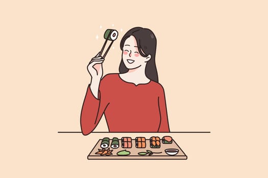 Smiling young woman in modern Japanese restaurant eating sushi with chopsticks. Happy millennial girl enjoy delicious japan food in cafe. International traditional cuisine. Vector illustration.