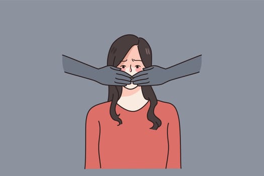 Hands cover scared woman mouth forbid ban to speak or share thoughts. Stressed girl suffer from gender discrimination or domestic violence or abuse. Freedom of speech. Flat vector illustration.