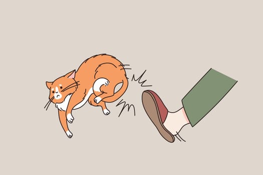 Person kick poor cat with leg, throw pet out of house. Cruel angry man beat kitty abuse domestic animal. Aggressive kitten owner show aggressive behavior. Cruelty concept. Flat vector illustration.