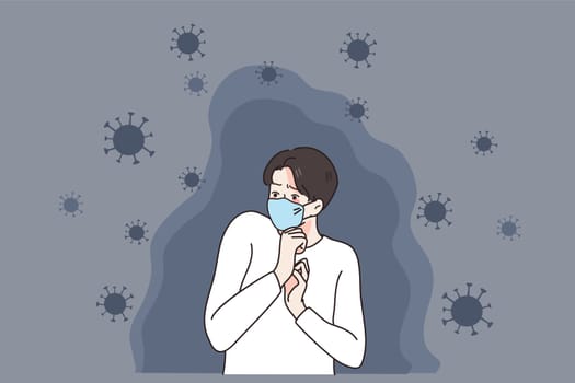 Scared young man in facemask afraid of covid-19 infection. Terrified guy in facial mask frustrated with corona virus spread. Coronavirus pandemics. Healthcare and medicine. Vector illustration.