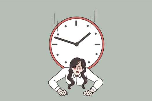 Stressed woman employee trapped under clock manage cope with deadline at work. Distressed businesswoman bad time management or organization. Overwork, workload concept. Vector illustration.