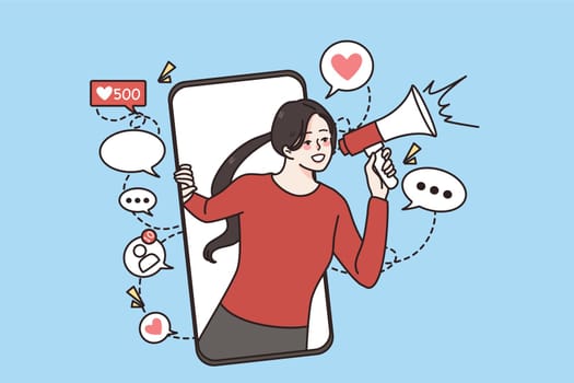 Smiling woman influencer scream in loudspeaker make advertisement in social media on smartphone. Successful girl blogger advertise online on cellphone. Marketing and promotion. Vector illustration.