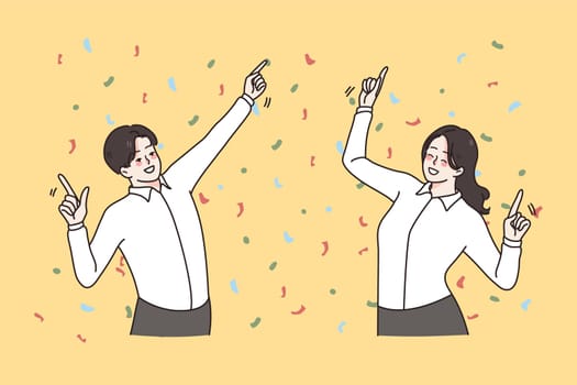 Overjoyed diverse colleagues dance together celebrate shared business win or victory at work. Smiling employees or workers have fun enjoy successful deal. Teamwork, success. Vector illustration.