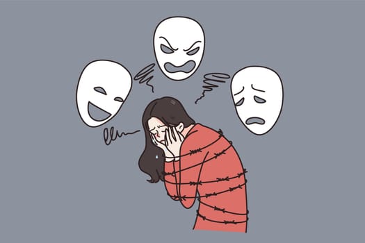 Stressed young woman surrounded by diverse masks suffer from mental disease or depression. Unhappy girl tied with wires of psychological illness. Bipolar disorder, psychiatry. Vector illustration.