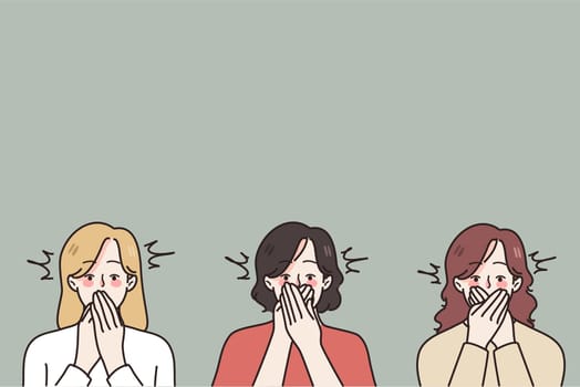 Diverse women cover mouth with hands scared to speak about gender discrimination. Terrified females feel afraid to share about domestic violence or harassment. Freedom of speech. Vector illustration.
