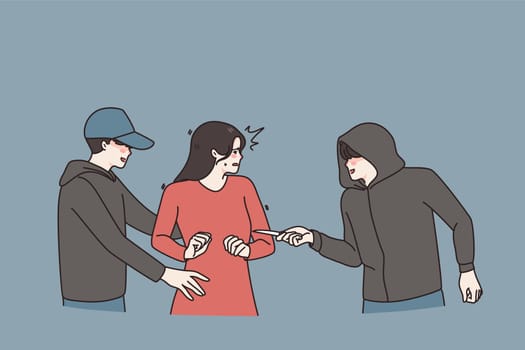 Couple male criminals attack threaten scared young woman in street. Men bandits or robbers pose threat on female encounter with knife. Harassment and violence. Robbery concept. Vector illustration.